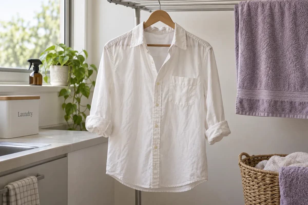 A cotton shirt air-drying on a hanger in a shaded laundry.
