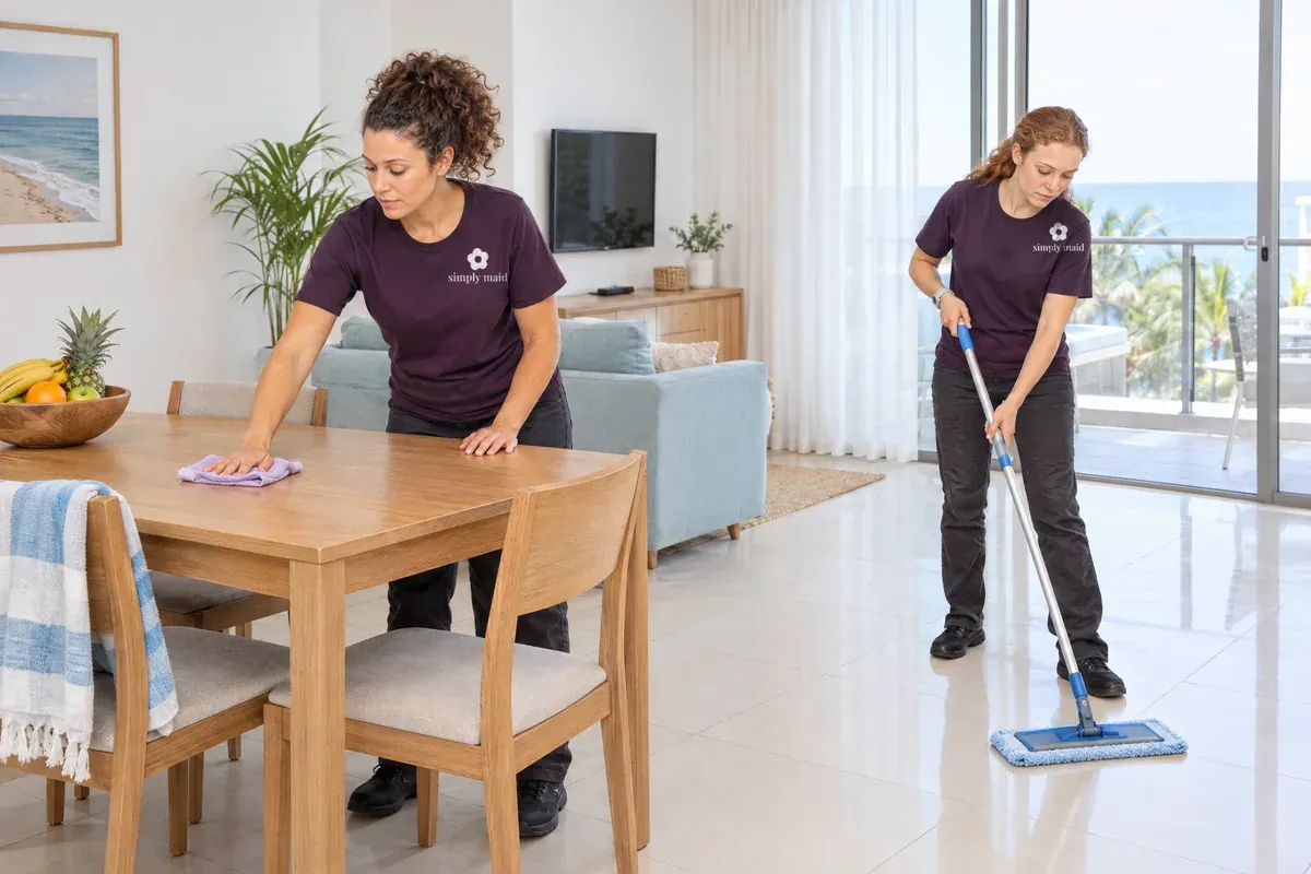 A Simply Maid cleaner in a plum uniform wiping the shelf inside an emptied kitchen cupboard