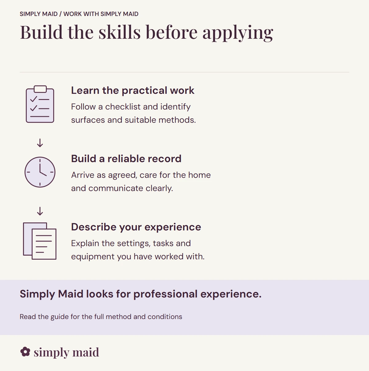 Build the skills before applying. Simply Maid looks for professional experience.