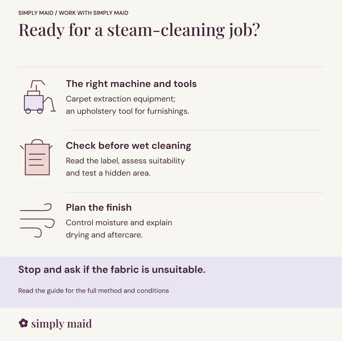 Ready for a steam-cleaning job. Stop and ask if the fabric is unsuitable.