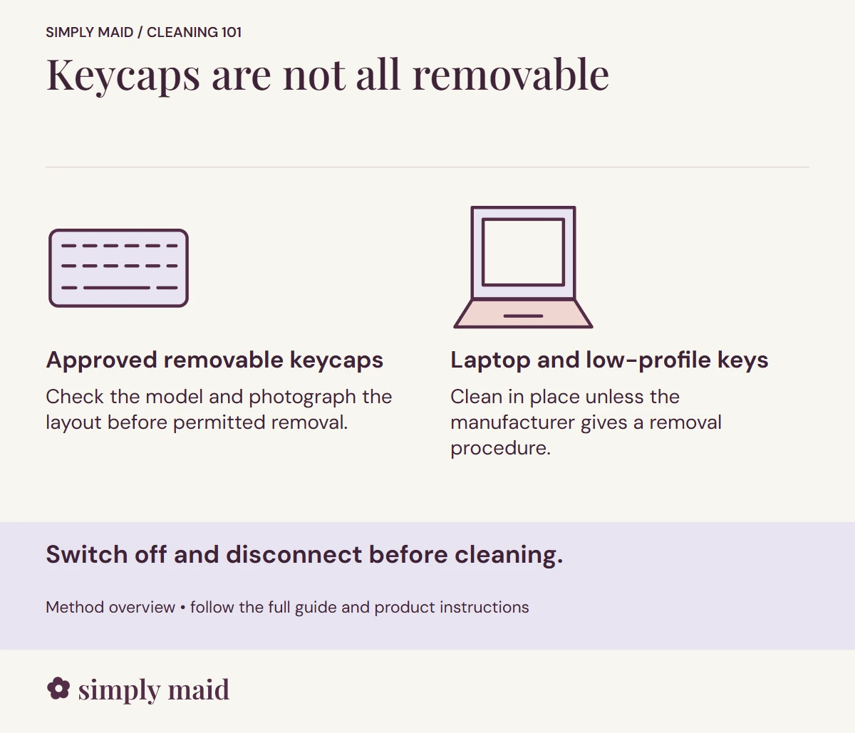 Keycaps are not all removable. Switch off and disconnect before cleaning.