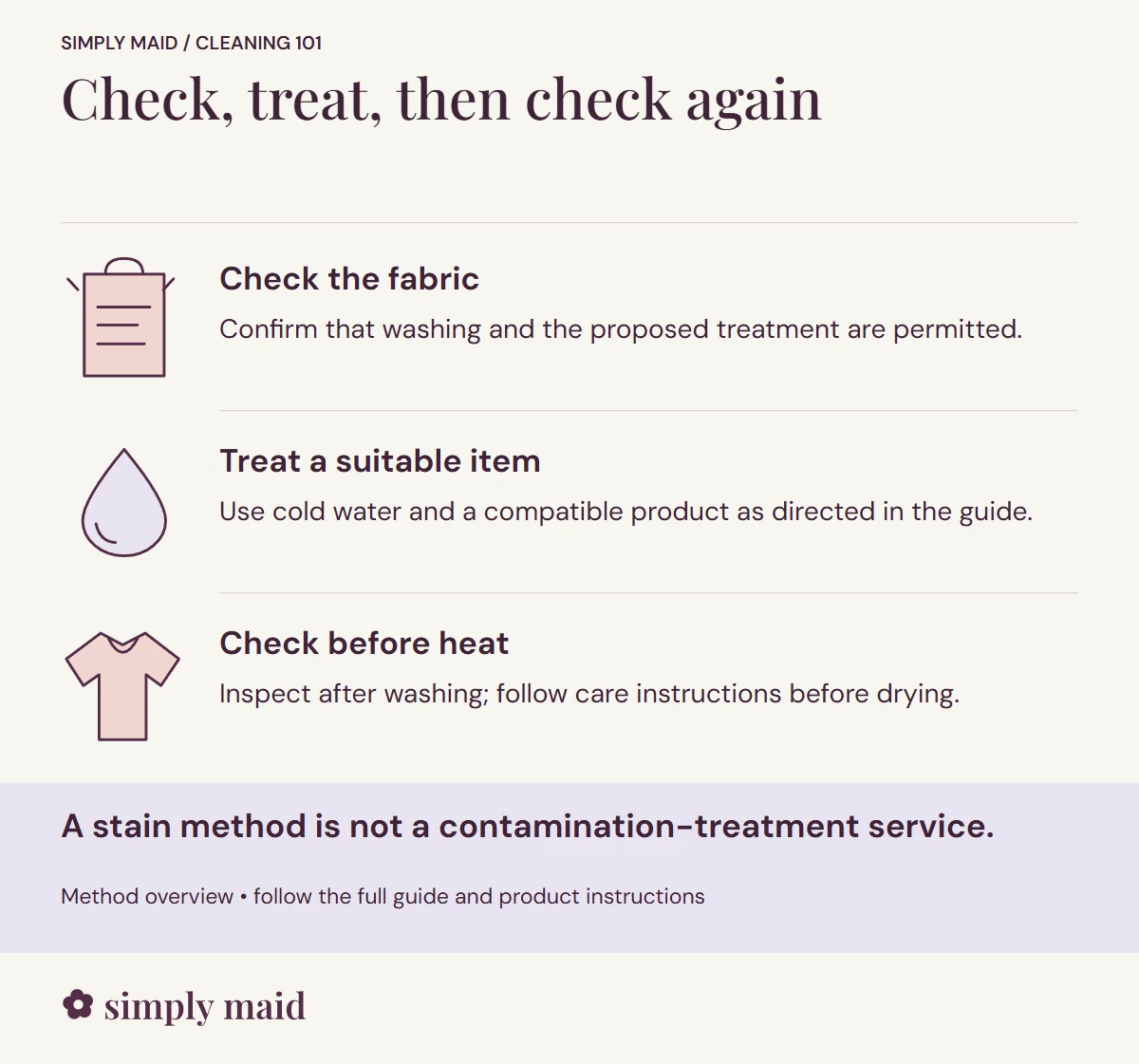 Check, treat, then check again. A stain method is not a contamination-treatment service.