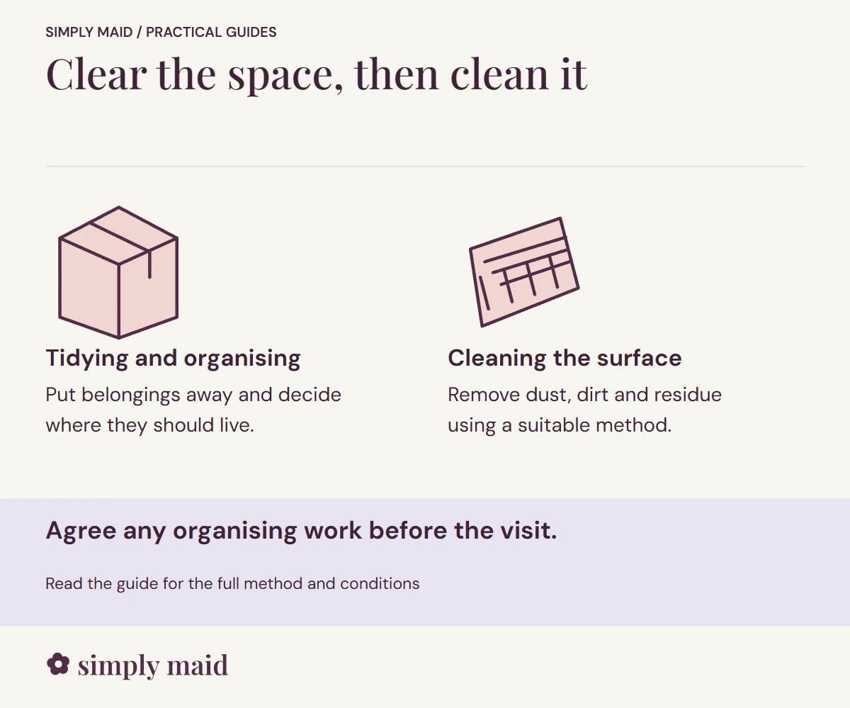 Clear the space, then clean it. Agree any organising work before the visit.