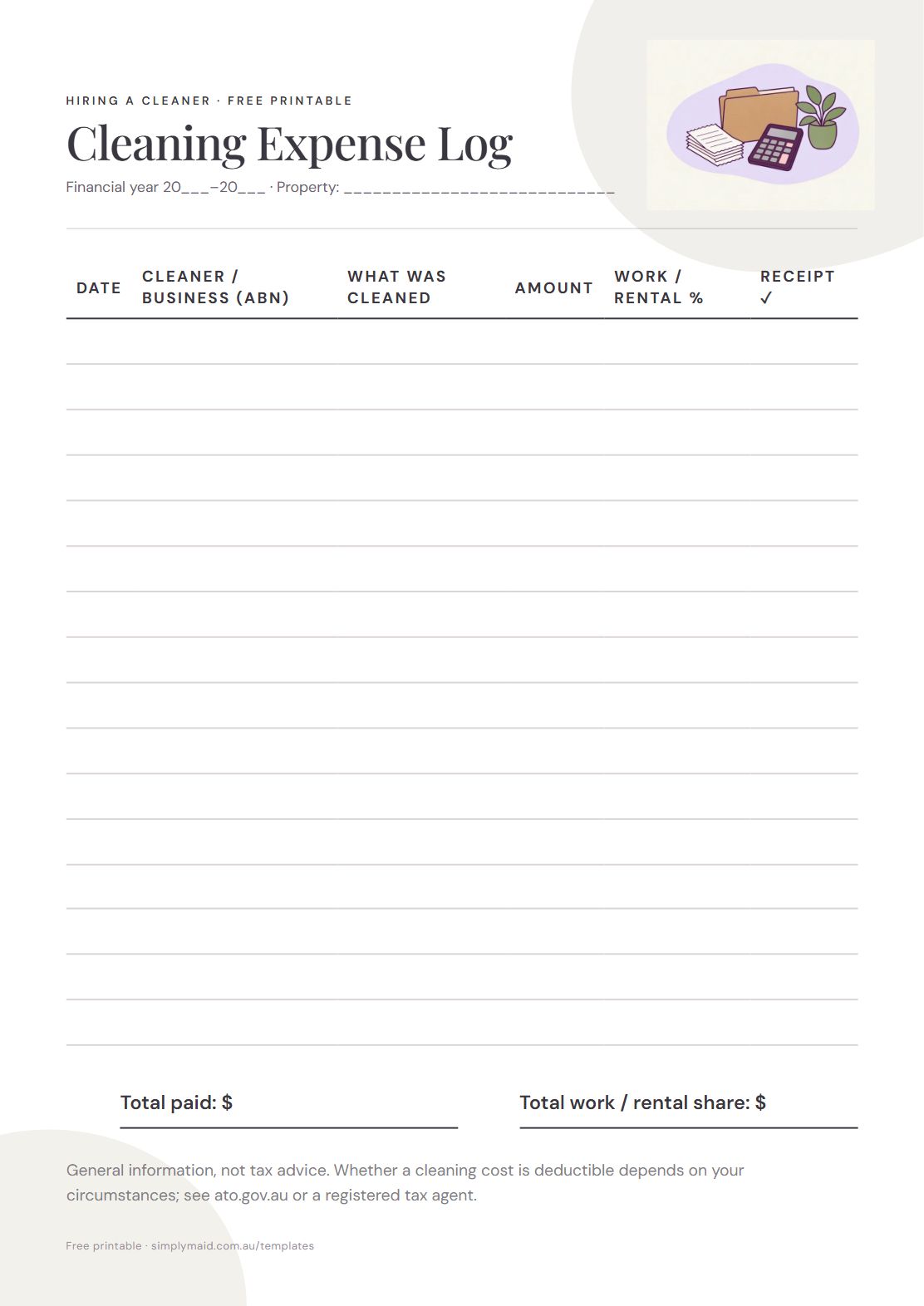 Cleaning Expense Log for Tax, page 1 of 1 (Neutral)