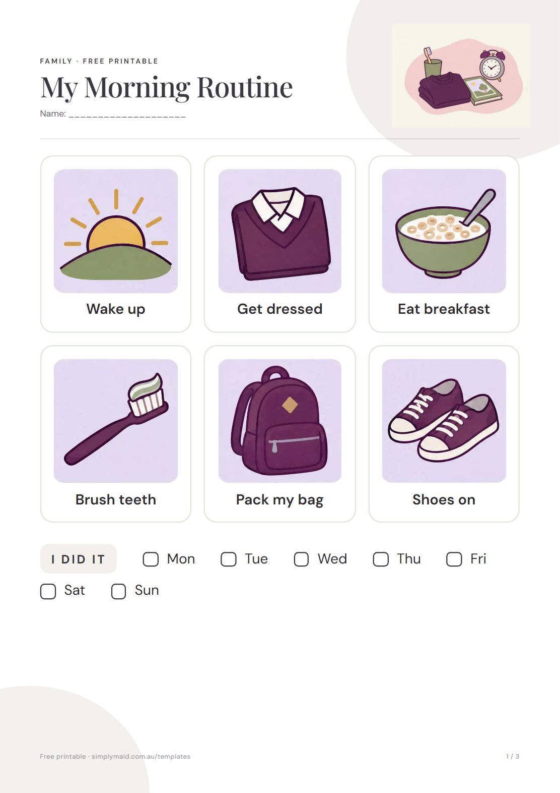 Kids Morning and Bedtime Routine Chart, page 1 of 3 (Neutral)